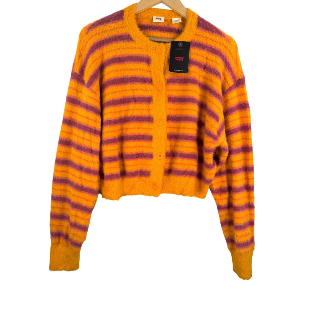 Levi's Fuzzy cat Cardigan Sweater Orange striped retro sz L
